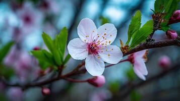 Vivid tree bloom with soft background in image photo