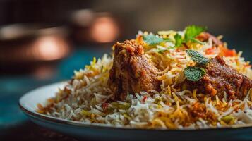 Gourmet style chicken biryani image with herbs and lime slices photo