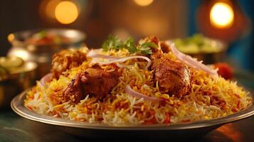 Photorealistic-biryani image with crispy chicken and saffron rice photo