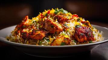 Chicken biryani image plated in top down food photography style photo
