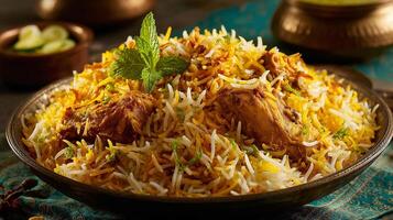 Indian chicken biryani image close up with vibrant rice colors photo