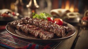 Close up photo of juicy kabab with appetizing grilled look