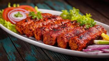 Juicy kabab with grilled marks and fresh vegetable juicy garnish photo
