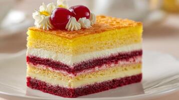 Professional photo of sweet slice cake with fruit topping
