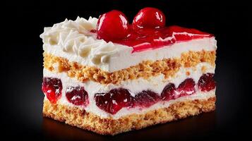 Closeup food photo of slice cake with fresh cream