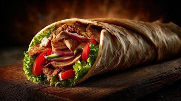 Grilled meat wrap image with crispy texture photo