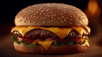 Photorealistic image of cheeseburger with fresh toppings in daylight photo