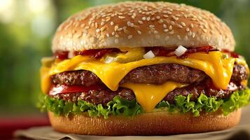 Natural light photo of cheeseburger with sesame bun closeup