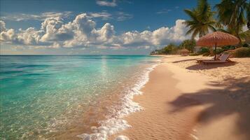 Palm trees swaying by turquoise sea photo