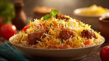 Realistic photo image of biryani with chicken and lemon wedge