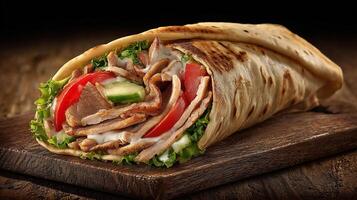 Studio lit image of grilled shawarma roll photo