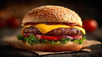 Sharp focus photo of cheeseburger with juicy beef patty closeup