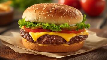 Stock food photography of cheeseburger with sharp-focus and natural light photo