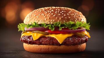 Close up photo of cheeseburger with melted cheese-and fresh vegetables