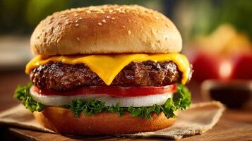 Sharp focused food photo-of cheeseburger with natural textures visible photo