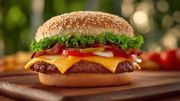Stock-food photography of cheeseburger with sharp focus and natural light photo