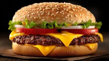 Crisp detailed photo of cheeseburger with fresh vegetables and bun