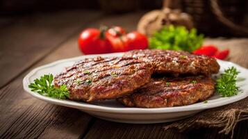 Delicious kabab with grill marks and vegetable garnish photo