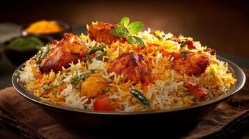 Sharp detailed biryani image with chicken and golden rice photo