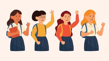 Four cheerful schoolgirls in uniforms waving with smiles and confidence vector