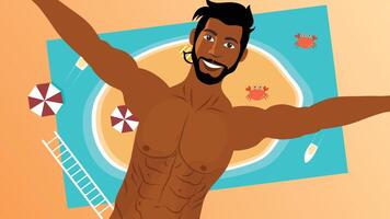 A cheerful shirtless man posing on a red float in a clear swimming pool vector
