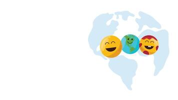 Three colorful emojis are placed over a world map symbolizing global happiness vector