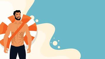 Shirtless man walking confidently on beach with orange lifebuoy vector