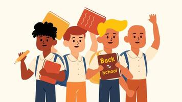 happy boys holding books and raising hands with joyful expressions vector