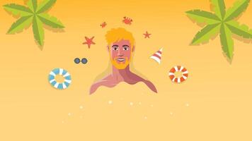 Relaxing blond man enjoying sun on tropical beach with palms and fun icons vector