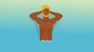 Shirtless blond man in calm water relaxing with hands behind head vector