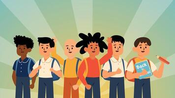 Six boys from different backgrounds excited to return to school together vector
