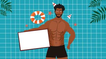 A confident muscular man holding blank board in a summer poolside setting vector