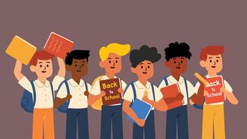 Six students of different backgrounds raising books and cheering vector