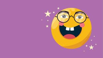A smiling yellow emoji with glasses and sparkles on a purple background bringing joy to emoji day vector