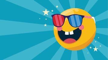 A fun emoji with colorful shades smiling confidently in radiant backdrop vector