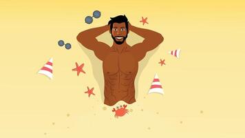 Relaxing man lying on sand with decorative seashells and beach toys vector