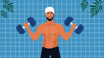A strong man working out with dumbbells while standing in a blue tiled pool vector