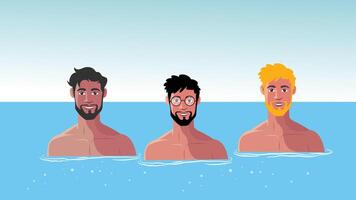 Three stylish young men floating in ocean water with bright sky vector