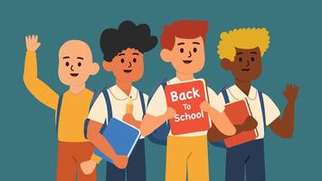 Four boys of different backgrounds smiling and holding back to school books vector