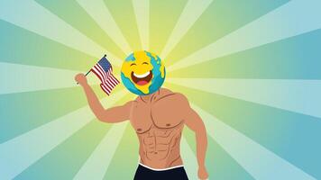 A muscular earth emoji smiling and holding a flag on radiant emoji day vector