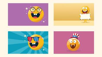 A 2x2 grid of different emoji characters with props and vibrant background squares vector