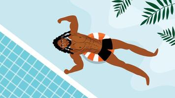 A sexy shirtless man with dreads relaxing while floating in a tropical pool vector