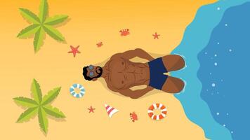 Shirtless man resting on sandy beach with shells leaves and crabs vector