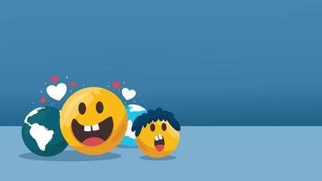Two smiling emojis with hearts and world map background showing love vector