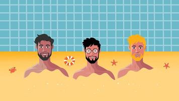 Three happy men floating near pool wall enjoying summer time vector