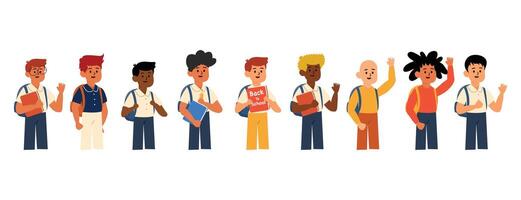 A complete group of boys smiling and holding books in school uniform vector