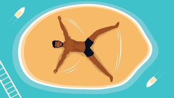 Relaxing man laying on bread shaped float in blue swimming pool vector