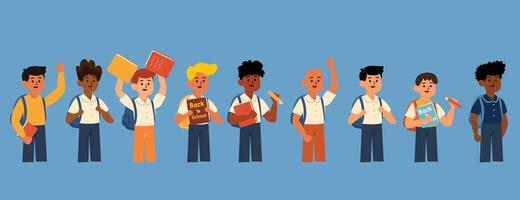 A complete group of boys in colorful outfits excited for school vector