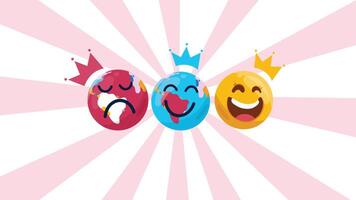 Three emojis with different crowns smiling together in festive background vector
