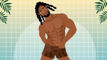 A confident man standing near tiled pool background with tropical leaves vector